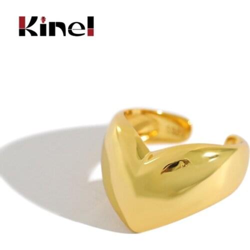 Kinel Ring Ladies Sterling Silver 18K Plating Real Gold Simple Heart Shaped Wide Open Glossy Finger Silver 925 Ring Fine Jewelry