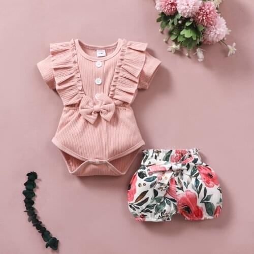FOCUSNORM Summer Infant Baby Girls Clothes Sets 2pcs Ruffles Short Sleeve Solid Bowknot Romper Floral Printed Shorts 0-18M