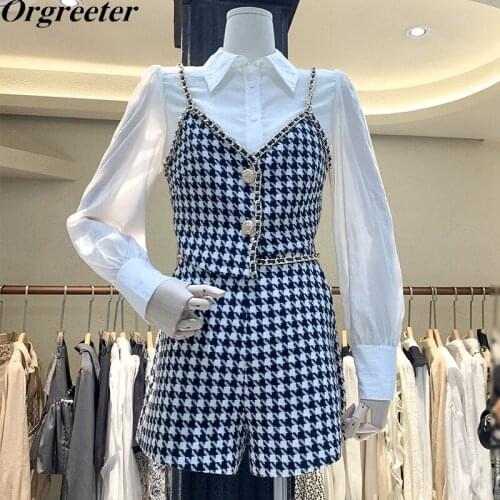 Fall Retro Houndstooth Tweed 3 Piece Pants Suits Women White Shirt + Chain Vest Crop Top + Shorts Suits Korean Fashion Pants Set