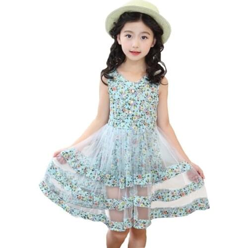 New Summer Baby Girl Beach Dress Floral Print Voile Wedding Party Kids Dresses for Girls 4-14 Year Beading princess Vest Dress