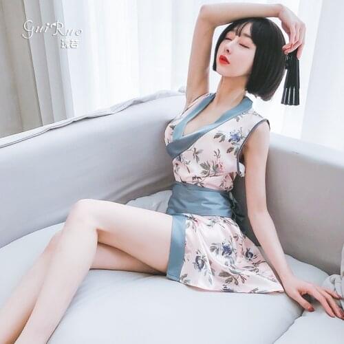 New Style Kimono Open Cut Sexy Underwear Womens Retro Cheongsam Night Dress Pajamas Chinese Ink Painting Printed Sleepwear