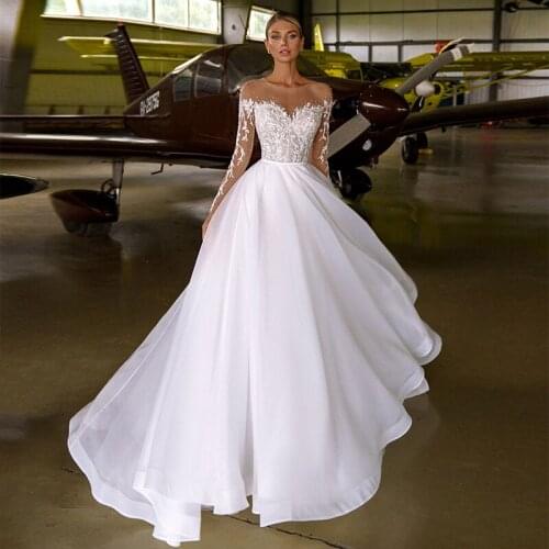 A-line Wedding Dress Charming Applique Beading Long Sleeve O-neck White Ivory Organza Bridal Gowns with Court Train