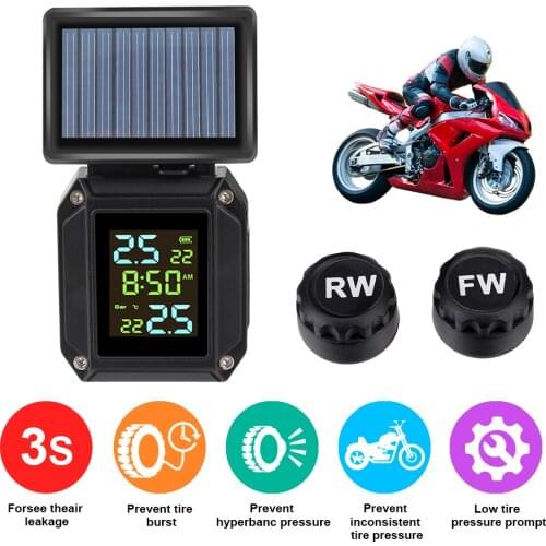 Motorcycle TPMS Solar USB Charge Tire Pressure Monitoring System LCD Display Tyre Temperature Alarm 2 External Sensors