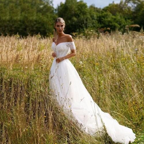 Thinyfull Princess Sweetheart A Line Wedding Dresses Off The Shoulder Button Bride Dresses Tulle Lace Appliques Bridal Gown 2020