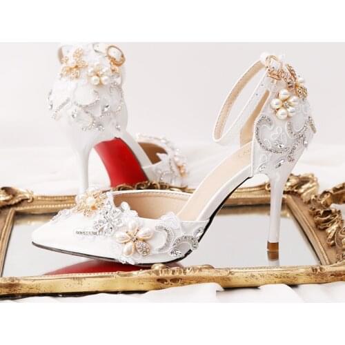 All-match stiletto elegant bridal wedding shoes summer hollow white lace pearl flower rhinestone party dress female sandals