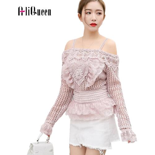2020 Female Plus Size Tops New Sunmmer Pink Lace Blouse Sexy Women Spaghetti Strap Ruffles Shirt Hollow Out Off Shoulder Blusas