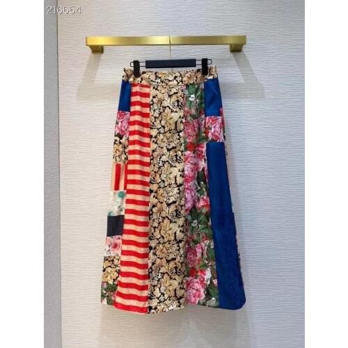 2021 Runway Designer Summer Fashion Midi Skirt Women High Waist Vintage Flowers Print Elegant A-Line Patchwork Skirts