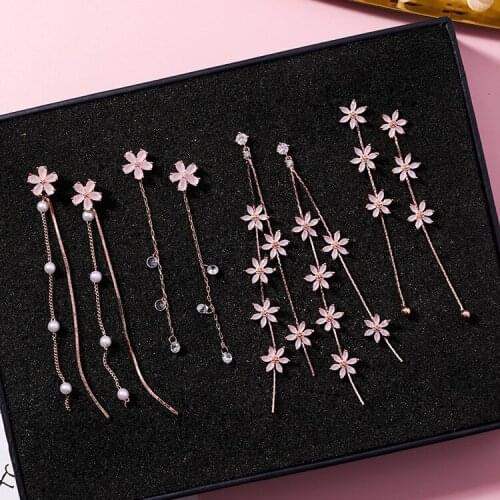 925 Sterling Silver Pink Earrings Sweet Korea Crystal Cherry Blossom Petals Long Tassel Earrings Cubic Zirconia Pearl Earrings