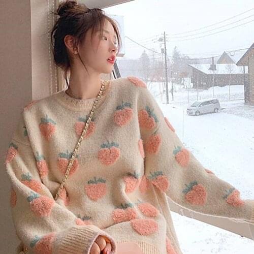 Female Sweater Knitted 2021 Autumn Korean Fashion Strawberry Long Sleeve Jumper Women Sweet O-neck Loose Pullovers