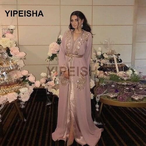 Rose Caftan Marocain Robe Long Sleeve Evening Dress Sequin Lace A-Line Arabic Formal Gowns Muslim Prom Dresses Abendkleider