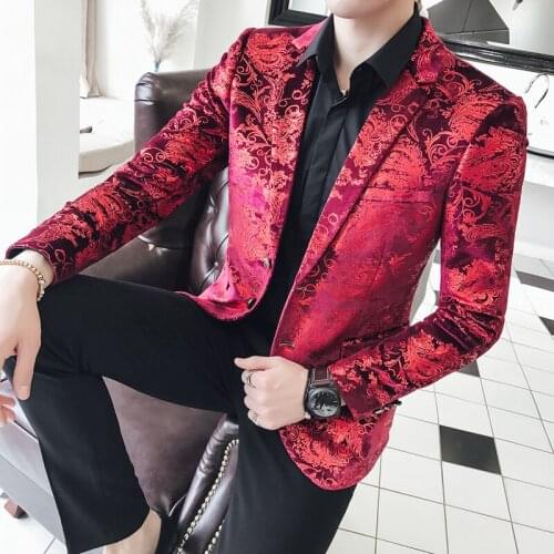 2021 spring Autumn Europen style unique red pattern Bronzing suit men red casual Slim printed velvet suit for men M-5XL