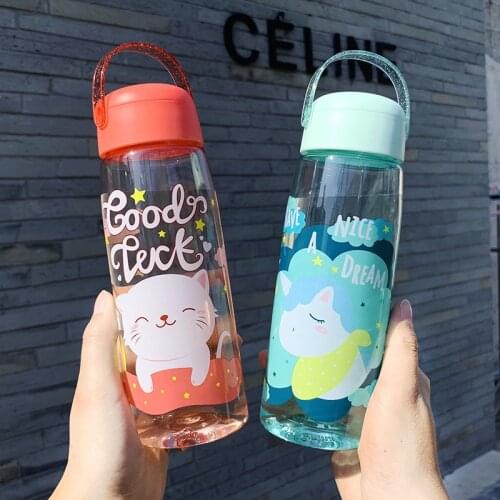 500ml Cartoon Animal Printed Handle Water Cup Couple Anti-fall Portable Large Capacity Wish Space Plastic Water Bottle