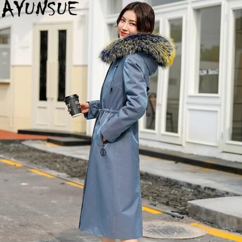 AYUNSUE Parka Real Fur Coat Female Real Rabbit Fur Liner Long Trench Coats Winter Jacket Women Raccoon Fur Collar Parkas MY3720