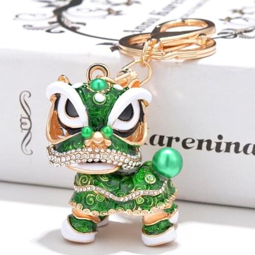 Crystal Rotatable Lion Dance Keychain Fashion Lion Vintage Key Chain Fashion Jewelry Women Bags Decor Charm Crystal Key Rings