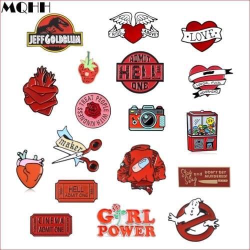 Red Enamel Brooch Plant Flower Animal Fruit Heart Scissors Alloy Badge Game Machine Movie Ticket Camera Heart Shape Pin Jewelry