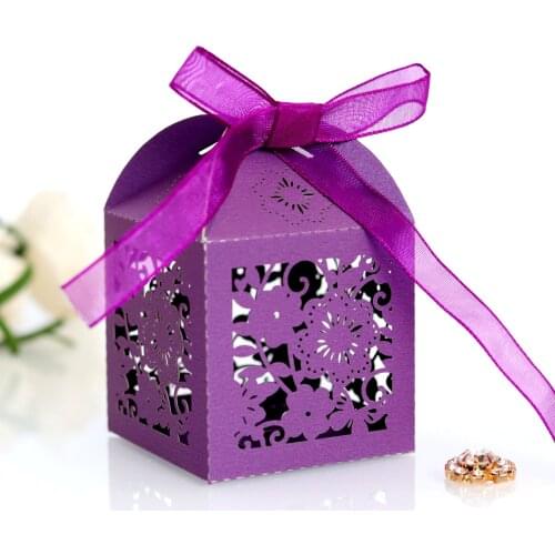 Paper Wedding Party Candy Favor Boxes Cake Flower Hollow Light Golden Glitter With Ribbon Chocolate Box