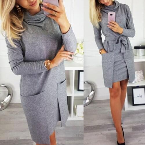Business Casual Women Long Sleeve Mock Turtleneck Mini Dress Party Elegant Sukienka Solid Formal Loose Bandage Dress Office Wear