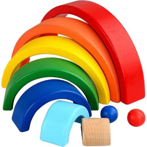 Wooden Seven-Color Rainbow Building Blocks Montessori Early Education Rainbow Jengle Arched Building Block Kids Educational Toy