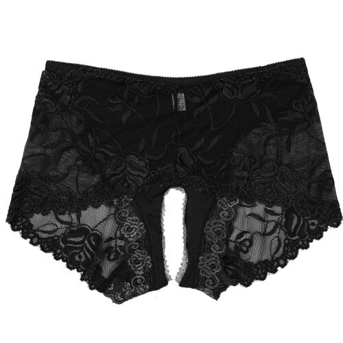 Women Sexy Panties Comfortable Briefs Mid Waist Crotchless Briefs Erotic Lingerie See-through Lace Patchwork Underpant Underwear