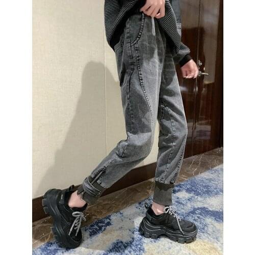European station spring new elaxtic waist Cropped Loose denim jeans female high waist was thin harem jeans F1238 dropship