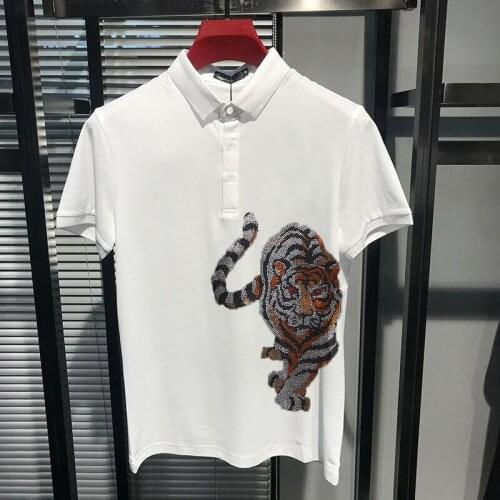 Fitness Mens Casual Woman Luxury High-End Sided Polo Shirt Party Tiger Carnival Rhinestone Lapel Extra Short Sleeve