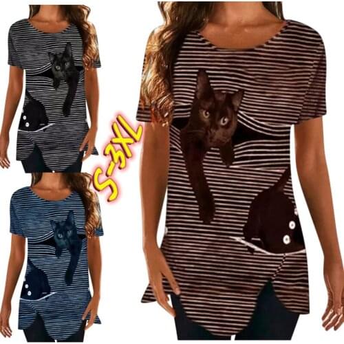 Printed Button-up T-shirt Womens Summer Irregular Casual Tops Cotton Fashion T-shirts Ladies Round-neck Tops Stripe Loose Tops