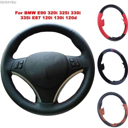 GERAYBU Custom DIY Black Artificial Leather Hand-sewn Car Steering Wheel Cover For BMW E90 320i 325i 330i 335i E87 120i 130i