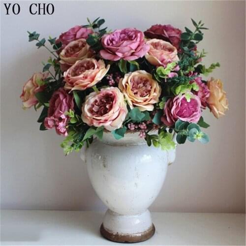 YO CHO Artificial flowers fake flowers 12 branches roses bouquet Hibiscus big flower heads Plastic plant china christmas flowers