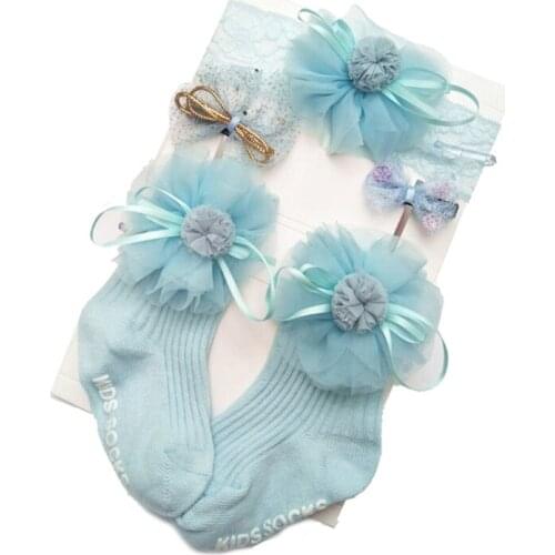 1 Set Flower Lace Soft Cotton Socks+Headband+Hairpins Gift Box Headwear Elastic Hair Band for Girls Princess