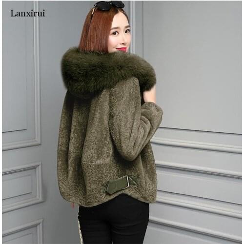 Ladies Leather Jackets Faux Fur Coat Female Winter New Faux Fox Hair Collar Short Lamb Sheepskin Shear Faux Fur Coat Hooded