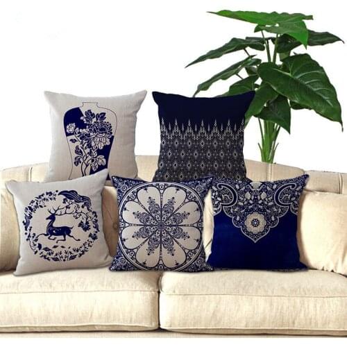 Square 18" Linen Cushion Blue and White Porcelain Printed Home Decorative Cushions Almofada for Retail