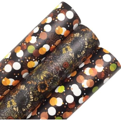 LEOsyntheticoDIY Autumn Polka Dots Sunflowers Printed Faux Vinyl Leather Fabric Felt Backing Leather for Bows DIY 21X29CM R200B