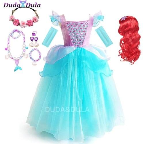 Little Mermaid Costume Girl Princess Dress Halloween Party Cosplay Costume Sequins Fancy Dress up Clothing Red Mermaid Wig