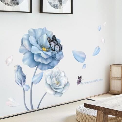Fashion Blue Flower Butterfly Wall Stickers for Living Room Bedroom Decoration Home Decor PVC Vinyl Decals Mural Arts Posters