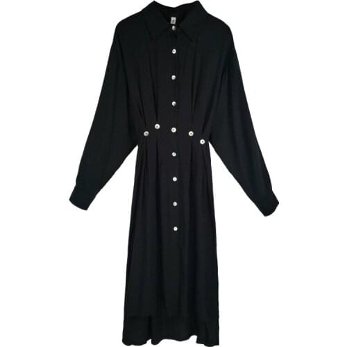PERHAPS U Spring Autumn Casual Loose Turn Down Collar Long Sleeve Button Straight Shirt Dress D0867 Black Grey