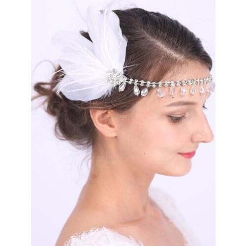 Silver Chain White Feather Headband Wedding Accessories Pure Quietly Elegant shiny Crystal Rhinestones Headwear for women