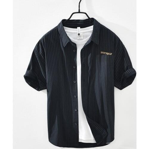 Striped Short Sleeve Shirt for Men Summer New Cotton Linen Casual Tops Male Japanese Fashion Letter Embroidery Clothes