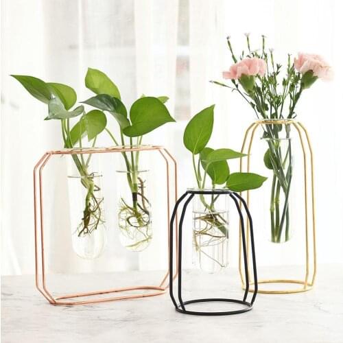 Nordic Flower Vase Metal Stand Clear Glass Test Tube Vase Hydroponic Terrarium Container Holder Desktop Flower Vases for Home