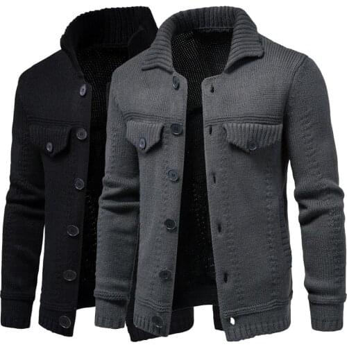 Winter Thick Mens Knitted Sweater Jacket Long Sleeve Cardigan Wool Mens Lapel Workwear Cardigan Outer Sweater