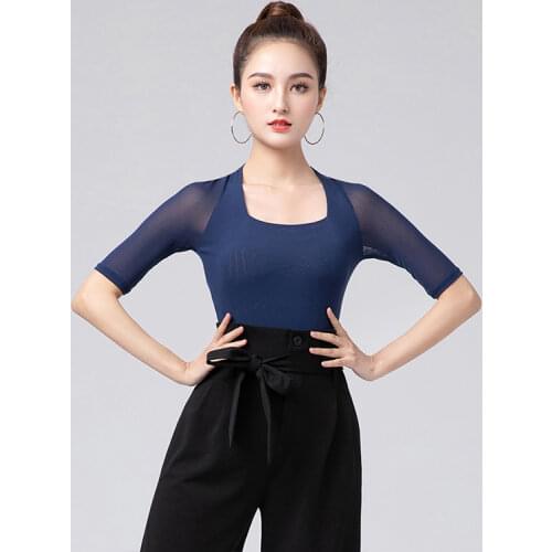 Latin Dance Tops Women Short Sleeve Summer Dance Practice Clothes Adult Black Blue Shirts Ballroom Dancing Costume Wear BL6368