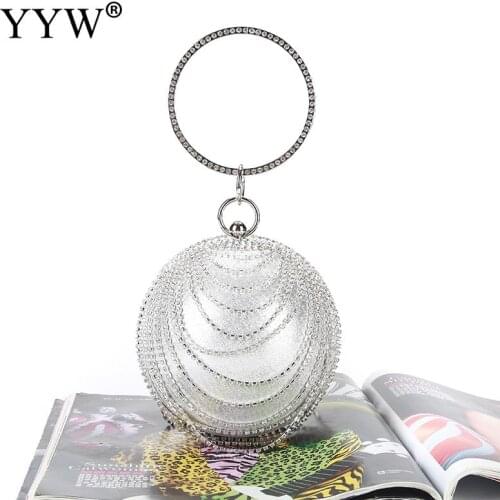 Evening Party Bags Clutches Sliver Diamonds Rhinestone Round Ball Ladies Ring Handbag Clutches Wedding Purse Chain Shoulder Bag