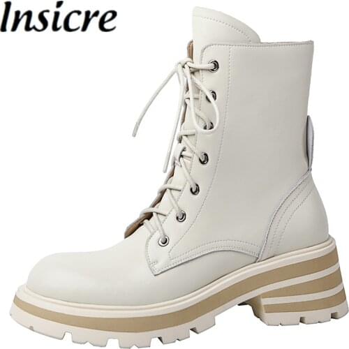 Insicre Cow Leather Beige Cross Tied 2021 Winter Women Ankle Boots Zipper Lace Up Low Heel Shoes Platform Classics Martin