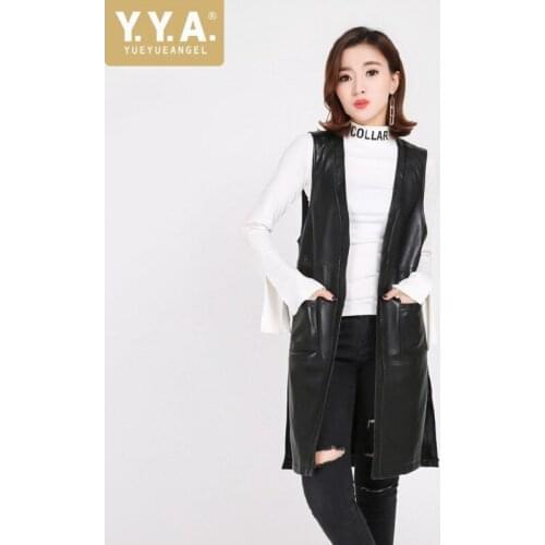 New Fashion Women Long Vest High Quality Real Leather Tops Casual Ladies Sleeveless Outwear Coat Cardigan Sheepskin Waistcoat