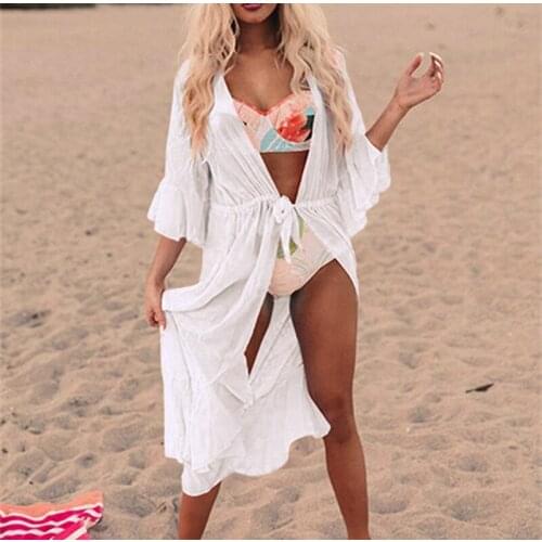 Women Swimwear Bikinis Cover Ups Beach Dress Ladies Solid Ruffle Sleeve Irregular See Through Cardigan Kafatan Bathing Swimsuits