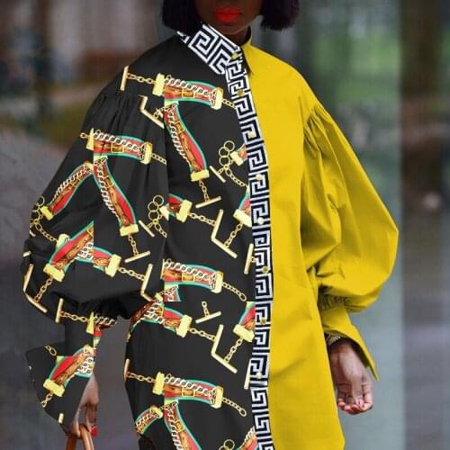 Women Shirt Dress Lantern Sleeve 2021 Fashion Curve Printed Casual Loose Long Shirt Plus Size 4XL 5XL African Ladies Clothing