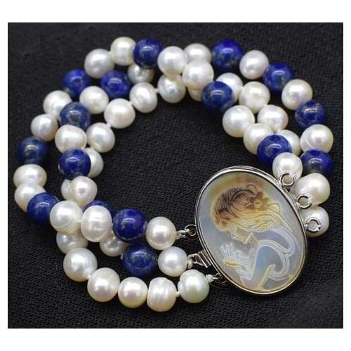 3rows blue lapis and freshwater pearl round 8mm bracelet 7.5inch FPPJ wholesale beads nature