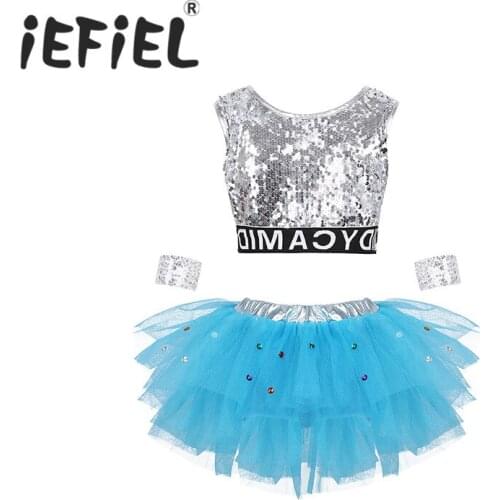 Child Girls Stage Performance Modern Hip Hop Jazz Dance Costume Shiny Sequins Tank Top with Mesh Tutu Skirt Set Kid Dance Wear