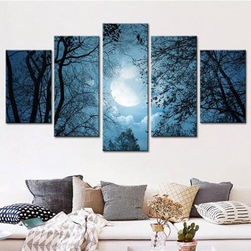 Canvas Painting Home Decoration Art Poster Moon Forest Picture Tree Shadow Landscape Modular Painting Wall Art 5 Pieces No Frame