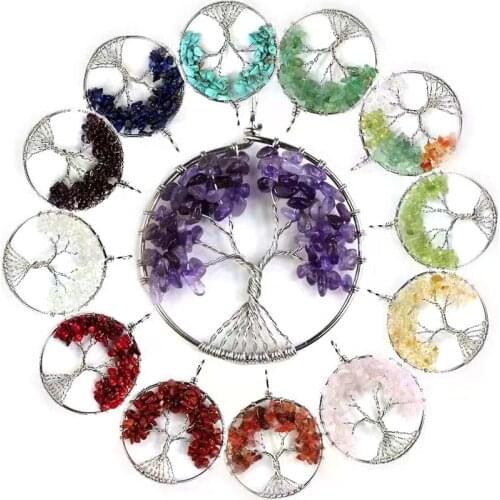 KFT Silver Plated Wire Wrap Tree of Life Natural Healing Reiki Lapis Lazuli Tourmaline Chakra Stone Pendant Women Men Jewelry