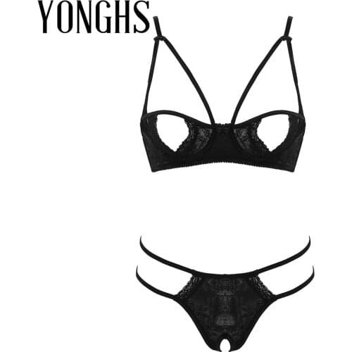 2Pcs Womens Erotic Sheer Lace Lingerie Set Bare Nipples Underwire Hot Bra Top with Crotchless T-Back G-string Thong Briefs